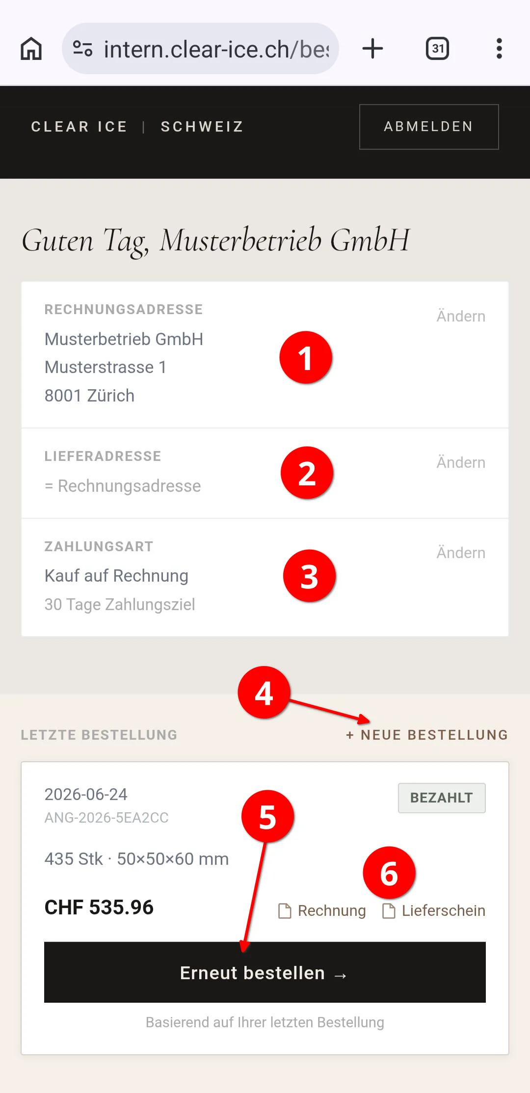 Clear Ice Kundenkonto: Bestellübersicht, Rechnung und Lieferschein herunterladen