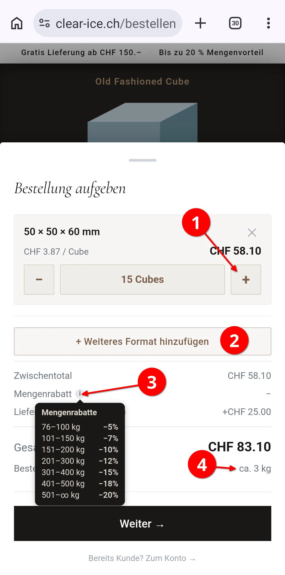 Clear Ice Bestellübersicht: Mengenrabatt-Staffel, Zwischentotal, weitere Formate hinzufügen