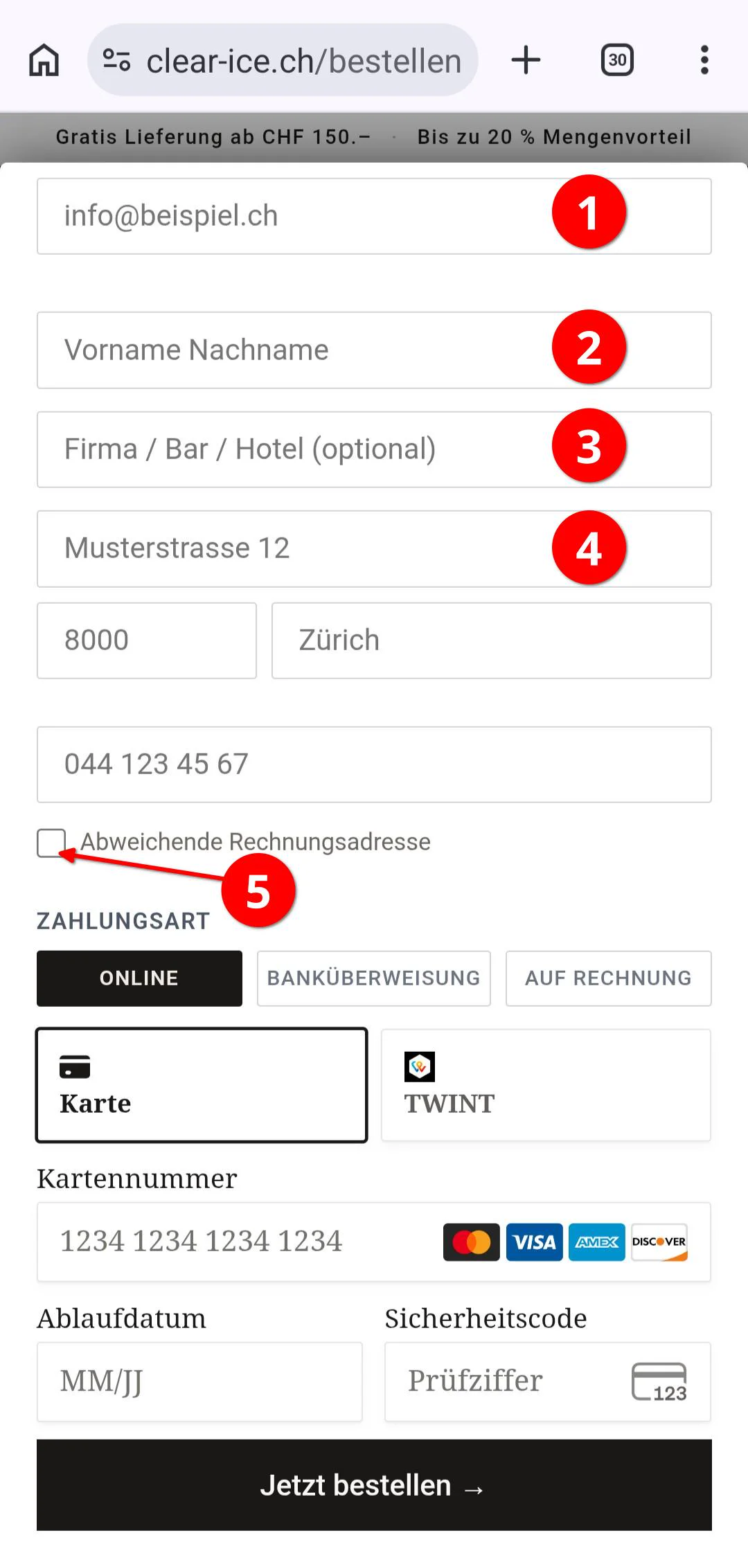 Clear Ice Bestellformular: E-Mail, Name, Adresse, Zahlungsart eingeben